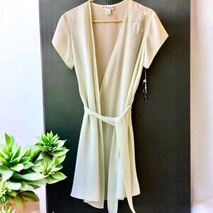 JOSIE Natori Vintage Sheer GREEN Short Robe Self Tie Embroidery NEW
